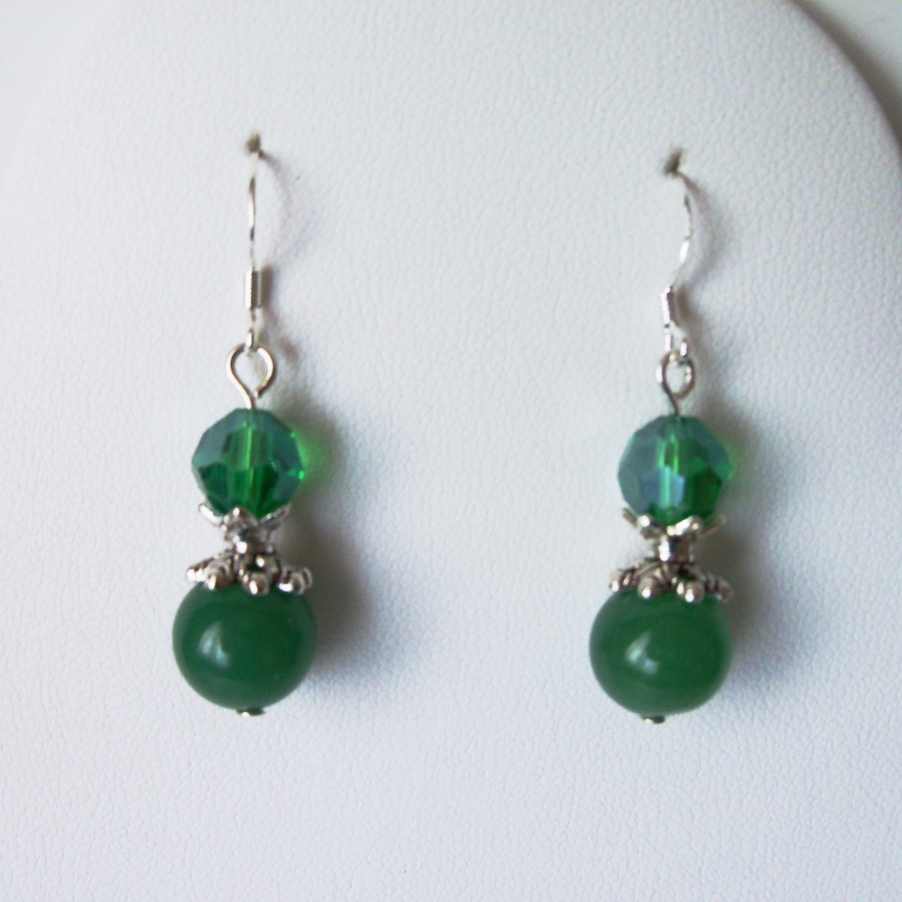 Green Jade silver plated earrings, new (#706)